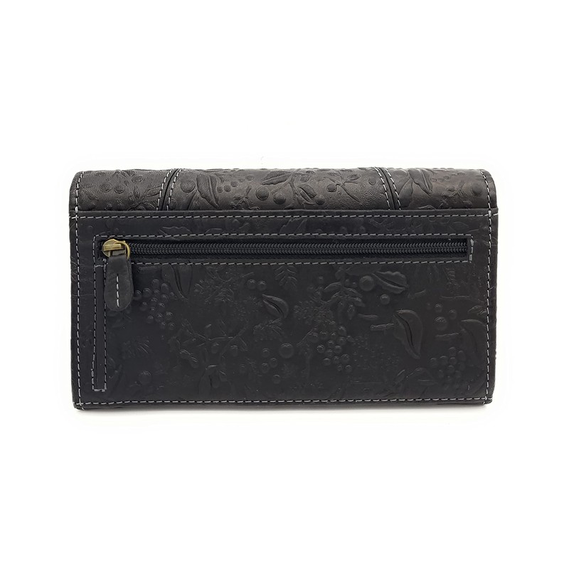 Genuine Leather Women's Wallet Floral Embossed with RFID/NFC Protection, black,