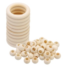 PATIKIL Natural Wood Rings and Unfinished Wooden Beads Set, 10Pcs 60mm Wood Hoop & 30Pcs 20mm Wood Color Round Loose Beads for DIY Pendant Connectors Jewelry Making Macrame Wall