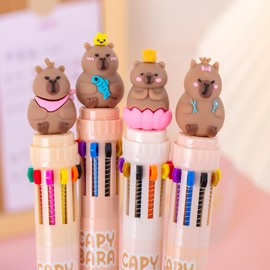 Nurila Capybara Pack of 4 0.7 mm Multicolour Ballpoint Pens, 10 in 1 Special Pens for Children, Retractable, Multicoloured, 10 Colours Multicolour Pen Capybara for Students, Office, Children, Gift