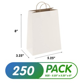 Amiff White Kraft Paper Bags with Handles, 5.25 x 3.75 x 8 Inches. 250 Pack Paper Gift Bags with Handles. 150 GSM Paper Shopping Bags with Handles. Light Paper Grocery Bags for Small Business
