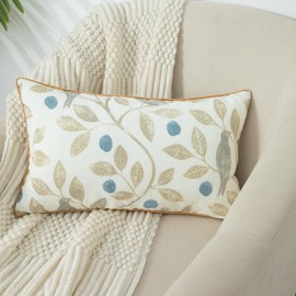 VOGOL Linen Textured Throw Pillow Cover, 12 x 20 Inch Farmhouse Throw Pillowcase, Beige Birds & Leaves Lumbar Pillowcase for Couch Bed Room, 1 Piece Pack with Piping Trim