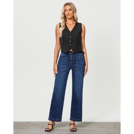 GRAPENT Stretchy Wide Leg Jeans for Women Women's Jeans Size 8 Dark Wash Jeans Women Straight Leg Jeans Women Women Jeans Stretchy Stretchy Jeans Woman Dark Blue Size Medium US Size 8 to Size 10