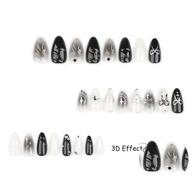 24Pcs Black Press on Nails Medium Almond Fake Nails with 3D Pearl Bow Designs Silver Star Acrylic Nails Full Cover Black Gradient False Nails Water Drops Glossy Stick on Nails for Women Nail Art