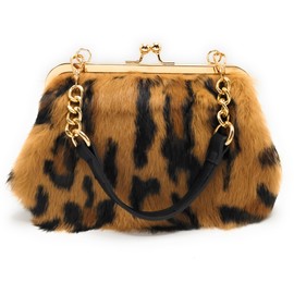 Fosrion Elegant Leopard Print Rex Rabbit Fur Handbag with Interchangeable Straps for Women, Versatile Clutch and Shoulder Bag (Golden Tiger Stripes)