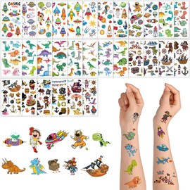 ACWOO Temporary Tattoo for Kids, 30 Sheets Animal Dinosaur & Pirate & Space Cartoon Tattoo, 390+ Patterns Mixed Style Temporary Tattoo Stickers, Waterproof Fake Tattoo for Birthday Party Bag Filler