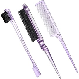 Geiserailie Juego de 3 Pcs Slick Back Hair Brush Set Cerda Cepillo de Pelo Cepillo de Control de Borde Peine de Burlas para Mujeres Cabello Negro (Púrpura Claro)