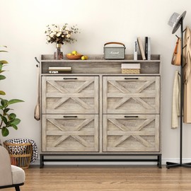 SogesHome Shoe Cabinet with 4 Flip Drawers, Large Freestanding Shoe Storage Cabine for Entryway with Metal Legs, Narrow Shoe Rack for Living Room, Hallway, Rustic Brown