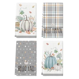 Artoid Mode Grey Watercolor Stripes Hello Pumpkin Fall Kitchen Towels Dish Towels, 18x26 Inch Seasonal Leaves Decoration Hand Towels Set of 4