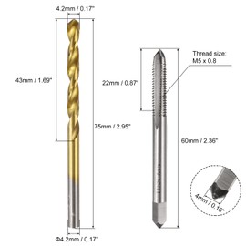 sourcing map Metric Tap & Drill Bit Set, 2pcs M5 x 0.8 Straight Flute Thread Taps and 2pcs 4.2mm Twist Drill Bits Titanium Coated, HSS6542 Screw Tapping Threading Tools