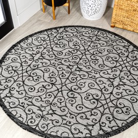 JONATHAN Y SMB107E-5R Madrid Vintage Filigree Textured Weave Indoor Outdoor Area Rug, Coastal, Bohemian, Classic Easy Cleaning,Bedroom,Kitchen,Backyard,Patio,Non Shedding, Gray/Black, 5' Round