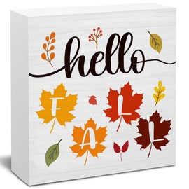 Hello Fall Decor Maple Leaf Decorations Farmhouse Fall Wooden Sign Rustic Home Decor 5 x 5 Inches