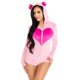 Leg Avenue Sweetheart Bear, features ultra-soft velvet plush zip up romper with heart accents, Pink, Medium