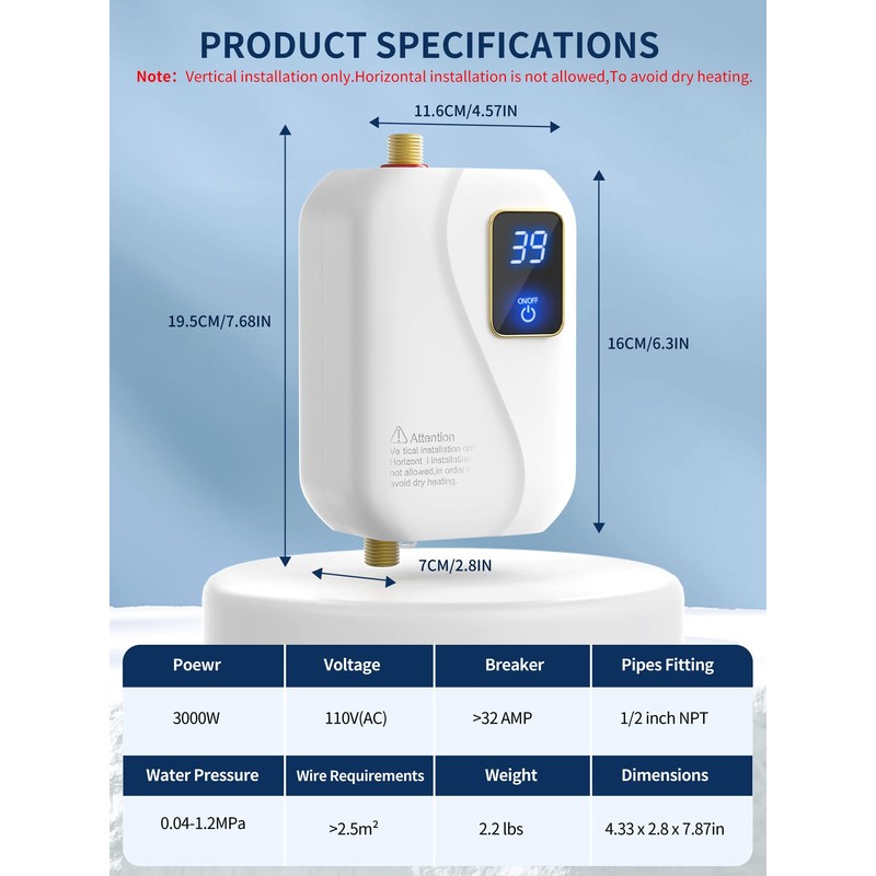 Electric Tankless Water Heater 110V 3000W, Under Sink Instant Hot