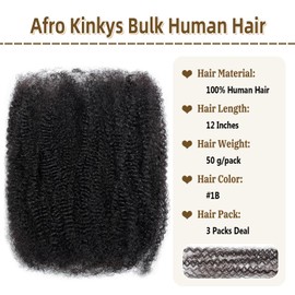 Afro Kinkys Bulk Human Hair for Dreadlock Extensions 3 Packs 150g/Pack Mini Twist Braiding Hair 4C Afro Kinky-Curly Human Hair Springy Twist for Repair Locs (1B#, 12 Inch (Pack of 3))