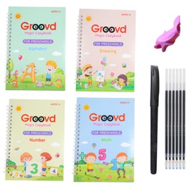 Groovd Children's Magic Copybooks - Reusable Grooved Writing Books for Kids - Handwriting Practice Workbooks, Calligraphy Learning Kit & Tracing Tools Set, 4 Books with Pen & Ink Refills (Ages 3-8)