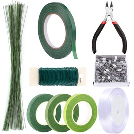 Pengxiaomei Floral Tape and Floral Wire Floral Arrangement Kit,Green Floral Tape and Boutonniere Pin White Ribbon Wire Cutter 22 Guage Floral Stem Wire for Wreath Making Supplies