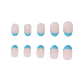 MERVF Oval Press on Nails Short Fake Nail Blue French Tip Round Acrylic Classic Glue ons Glossy 24pcs False Summer Manicure Supplies