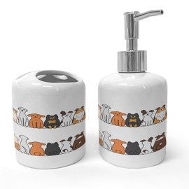 Ambesonne Dog Soap Dispenser & Toothbrush Holder Set, Multicultural Dog Family in a Row from Back and Front Views Companionship Comic Art, Ceramic Bathroom Toiletry Accessories, 2 Pcs, Yellow Brown
