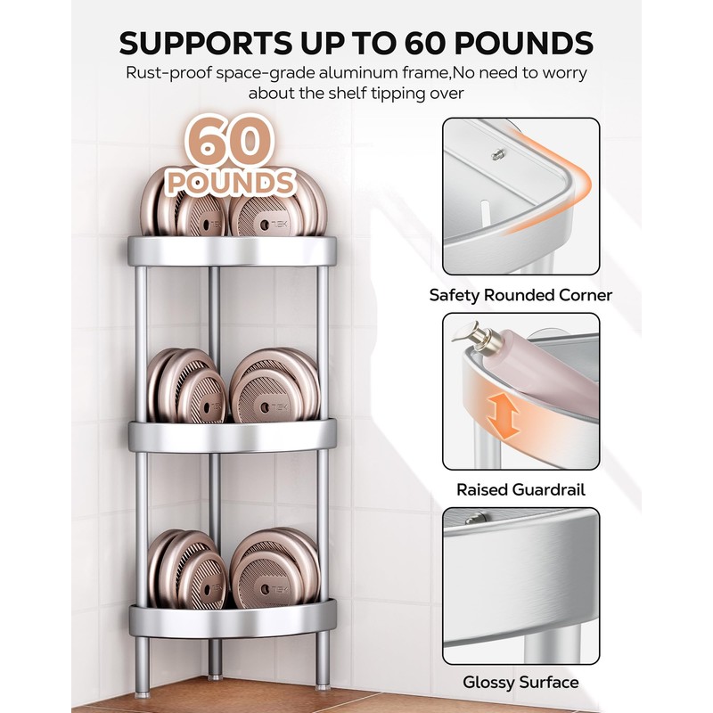 Nieifi Corner Shower Caddy Stand-3 Tier Rustproof Anodized Aluminum Standing