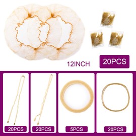 Ballet Bun Hair Nets 85Pcs 20 Invisible Elastic Edge Mesh Nets (12inch) 20 U Shaped Pins 20 Bobby Pins 20 Elastic Bands 5 Hair Ties for Ballet Bun Maker & Dance, Golden
