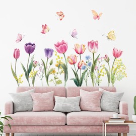 Tulip Flowers Wall Decals Watercolor Floral Butterfly Wall Stickers Colorful Flowers Wall Mural Removable Flower Wall Decor Peel and Stick Wall Art for girls Bedroom Kids Nursery