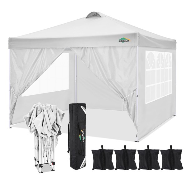 COBlZI 10x10 Ez Pop Up Canopy Tent with 4 Sidewalls Commercial Instant Gazebo Tents for Parties,Waterproof Adjustable Outdoor Patio 10x10 Backyard Canopy Party Tent with 4 Sand Bags,8 Stakes(White)
