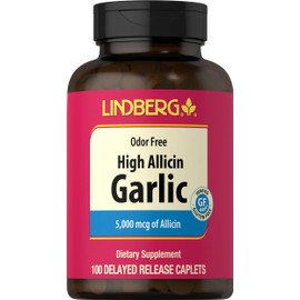 Lindberg Garlic Supplement Pills | 500mg | 100 Caplets | Odorless with High Allicin (5000mcg) | Allium Sativum Extract | Non-GMO, Gluten Free