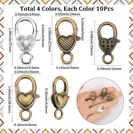 SOFPLATE 1 Box 40Pcs 4 Styles Heart Lobster Clasp Vintage Lobster Claw Clasps Alloy Colorful Tibetan Retro Jewellery Findings Accessories for Jewellery Making Necklaces Bracelets Keychains DIY Craft
