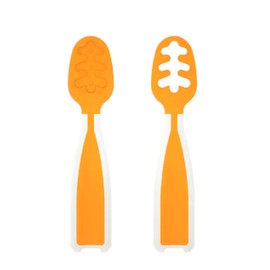 CLOVERSS® Baby Löffel, Kleinkindutensilien, Baby Einsteiger-Löffel, blw Vorlöffel, 2er Set Löffel Schritt 1 und Schritt 2 (Orange)