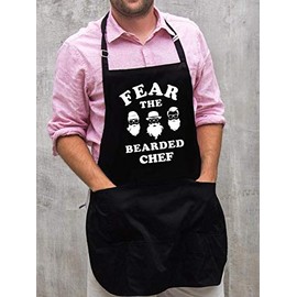 ApronMen - Fear The Bearded Chef - Funny BBQ Apron for Dads - 1 Size Fits All Chef Quality Cotton 4 Utility Pockets, Adjustable Neck and Extra Long Waist Ties - Black Color