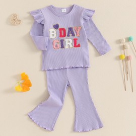 MAHUAOYIXI Baby Girl 2Pcs Birthday Outfits Long Sleeve Letter Embroidery Tops Flying Sleeve + Flare Pants Set Toddler Girls Clothes Birthday Clothing Set (Purple, 3-4 Years)