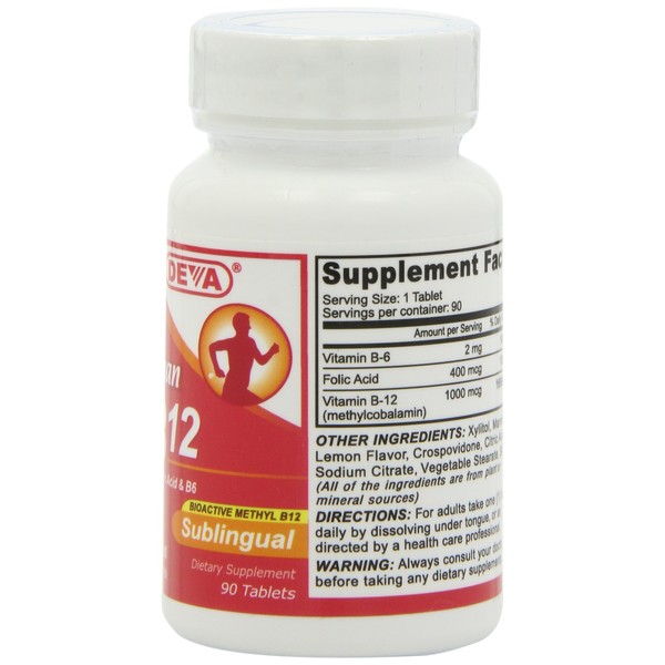 Deva Vegan Vitamin B12 Fast Dissolve Supplement - Once-Per-Day Complex with 1000 Mcg Methylcobalamin B12, Folic Acid, B6 - Lemon Flavor - 90 Dissolvable Tablets, 2-Pack