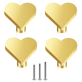 ShipeeKin 4 x Brass Cabinet Knobs, Furniture Knobs, Golden Drawer Knobs, Heart Shape Drawer Handles, Kitchen Fittings with 3 Size Screws for Chest of Drawers, Kitchen, Bathroom, Bedroom, Living Room,