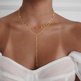 Decholly Lariat Gold Necklaces for Women, Dainty Long Necklace 18K Gold Plated Y-Shaped Necklace Trendy Layered Bar Colorful Beaded Chain Necklaces Simple Gold Jewelry for Women Gifts