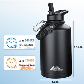 StarSpeed 64oz Insulated Water Bottle with Straws & 2 Lids, Half Gallon Stainless Steel Double Walled Vacuum Water Jug, Large Wide Mouth with Paracord Handle for Gym Camping Hiking, Black