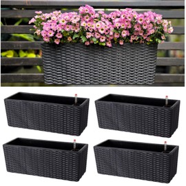 LaLaGreen Deck Railing Planter Box (4 Pack, 20 Inch) Black Rectangular Window Flower Boxes with Bracket, Self Watering System Hanging Planter Box for Outdoor Plant Container Herb Rail Fence Balcony