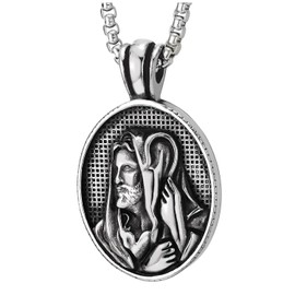 COOLSTEELANDBEYOND Mens Christ Jesus Savior Shepherd Pendant Necklace, Steel Oval Miraculous Medal Religious Icon(CA)