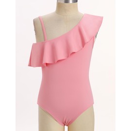 IBTOM CASTLE Girls Swimsuit One Piece Swimsuit with Tropical Print Skirt Cover Up One Shoulder Adjustable Straps Ruffle Swimsuit Teens Bathing Suit Swimwear Pink 13-14 Years