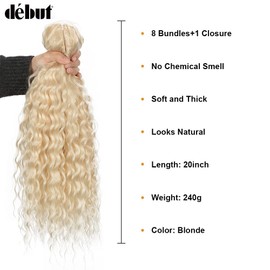 DÉBUT Water Wave 8 Bundles with Simple Closure Wavy Synthetic High Temperature Fiber Hair Weave 9PCS 20 Inch 240g (TFC2: Blonde Color)