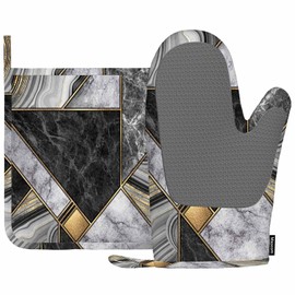 Mxocom Mosaic Marbling Oven Mitt and Pot Holder with Silicone Marble Granite Agate Gold White Black Gray Gold Glitter Heat Resistant Kitchen for Cooking BBQ Baking Grilling Spring/Summer