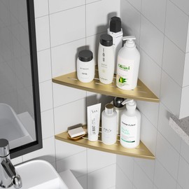 Qeke Corner Shower Shelf Brushed Golden, 304 Stainless Steel 11.5” Recessed Corner Shelf Bathroom for Tiled Wall, Floating Shower Shelves Shampoo Holder, No Drilling, 2 Pack