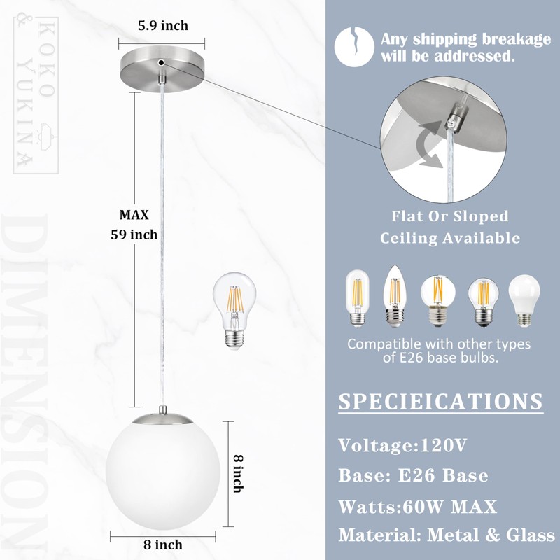 KoKo&Yukina 8 Inch Globe Pendant Lighting for Kitchen Island Mid