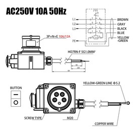 Machine Switch, Device Switch, 250 V, 10 A, 3 Phase, Switch with Phase Inverter Cable, Identical to KOA7 (60 cm Cable)