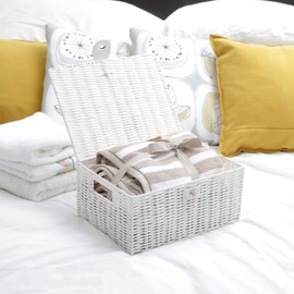 Arpan Small Resin Woven Storage Basket Box With Lid & Lock - White