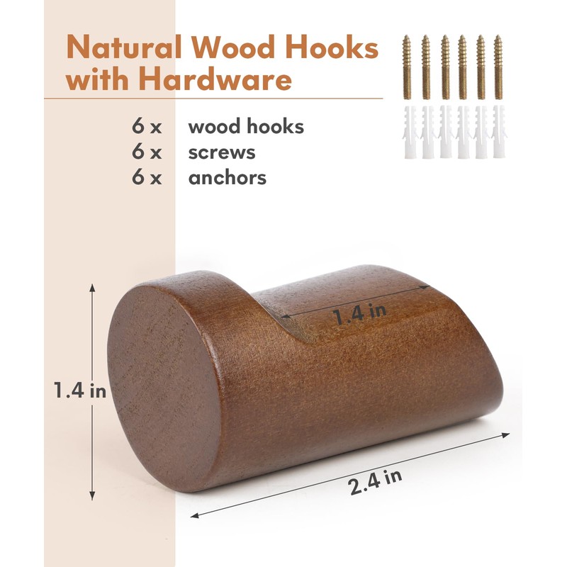 Optish Wood Wall Hooks for Hanging, 4 Pack Hat Hooks