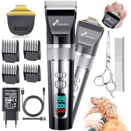 Gimars 4 in 1 Low Noise 4-Speed 7000 RPM Dog Clippers & Paw Trimmer, Cordless Professional Dog Grooming Clippers Kit, Rechargeable Pet Shaver with Comb & Scissors for Dogs, Cats & Horse Thick Hair