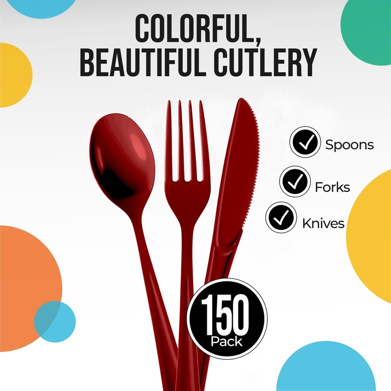 Party Solids Burgundy Plastic Silverware Heavy Duty 150 Pieces Burgundy