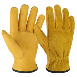 OZERO OZERO Leather Work Gloves Flex Grip Tough Cowhide Gardening Glove for Wood Cutting/Construction/Truck Driving/Garden/Yard Working for Men and Women 1 Pair (Gold,Small)