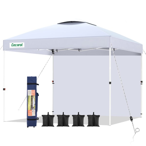 Cecarol S10 Pro 10x10 Pop Up Canopy Tent, Easy Setup Outdoor Instant Shelter for Patio, Exhibition, Picnic, Lightweight Canopy with 1 Removable Sidewall, 4 Sand Bags, 1 Roller Bag (White)