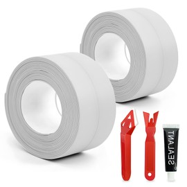 Honitra 2 Roll White Caulk Strip, 1.5" x 10.5Ft Self Adhesive Caulk Tape with 2 Pcs Caulking Tool and 1 Glue, Waterproof Caulking Sealing Tape for Kitchen Toilet Bathroom Sink Basin Edge Protector
